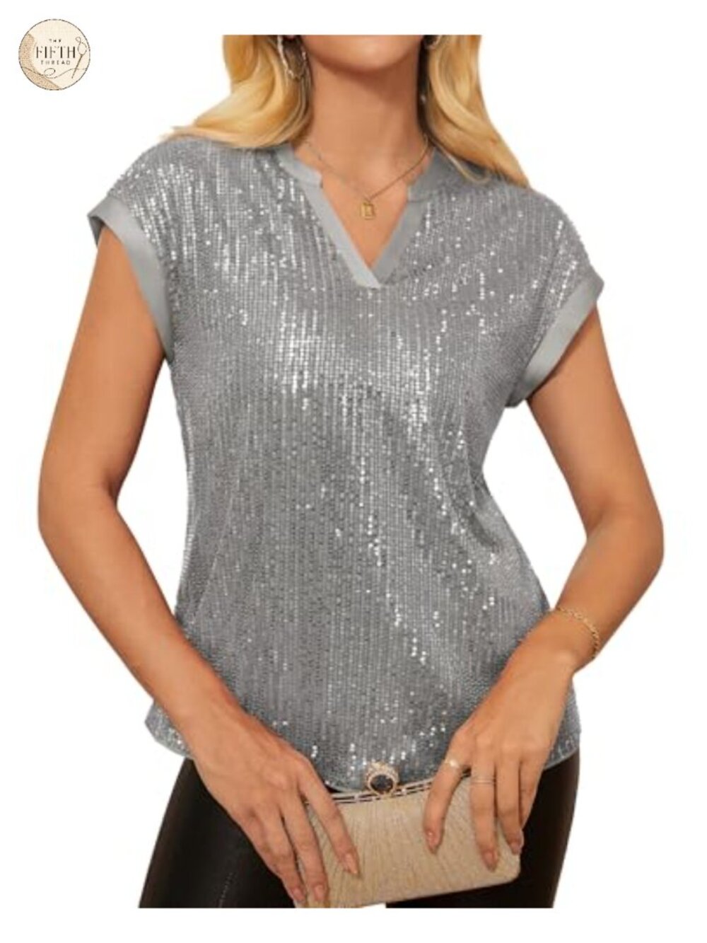 Sequin Sparkly Top Cap Sleeve V Neck Party Blouse